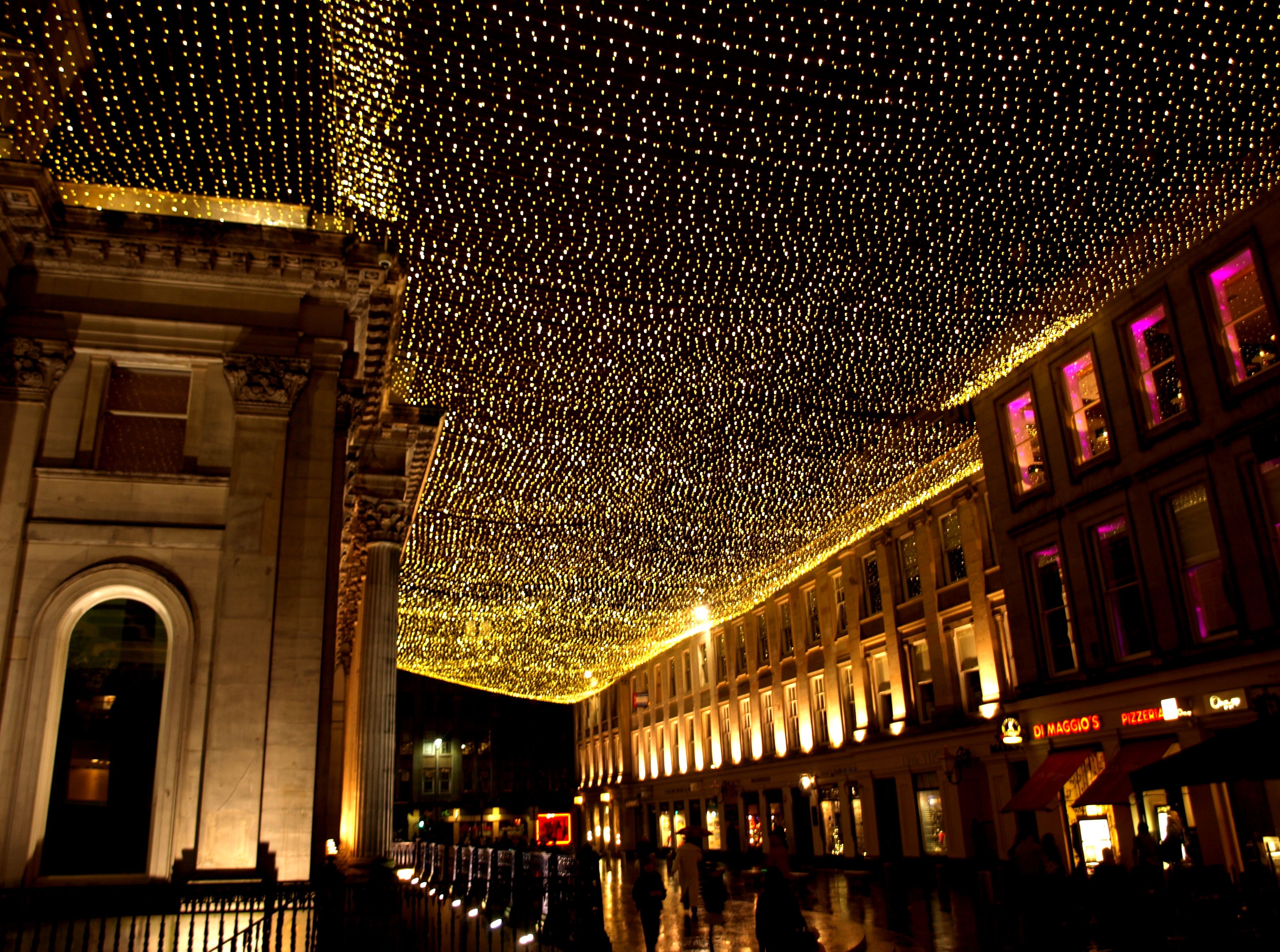 The Glasgow city skyline lit up at night