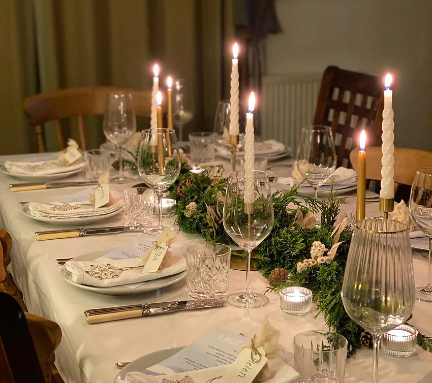 A styled hen weekend dinner party set up in a private kitchen