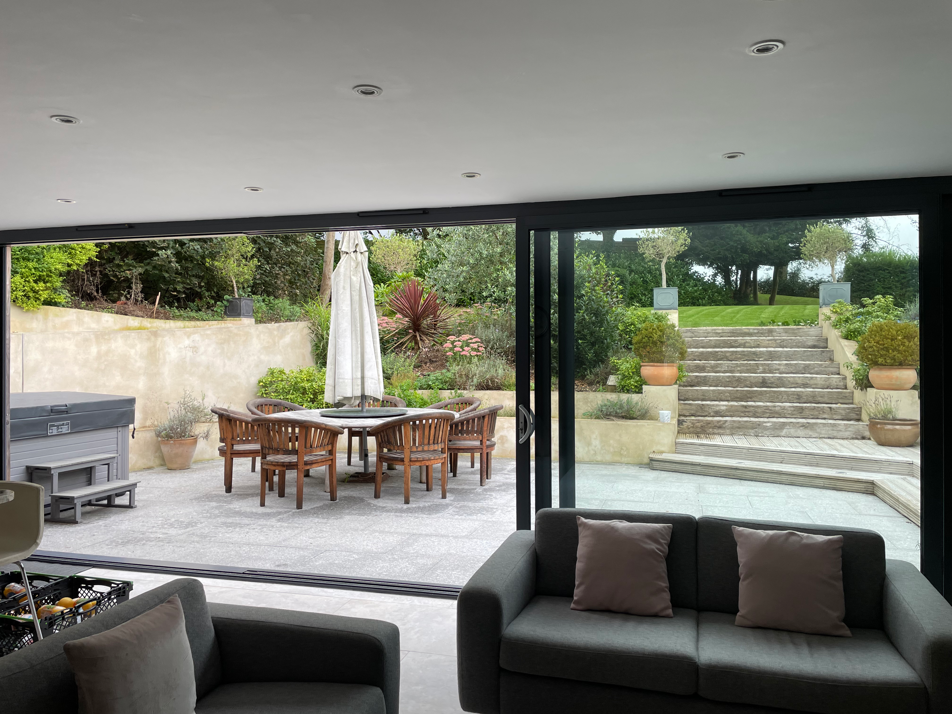 A luxury UK hen party house with a long dining table set up for the group