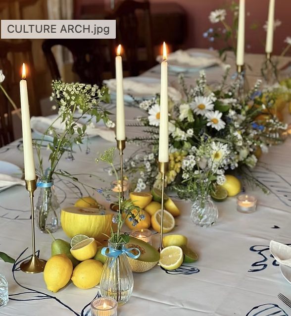 Colourful dinner party tablescape by Nics Nibs