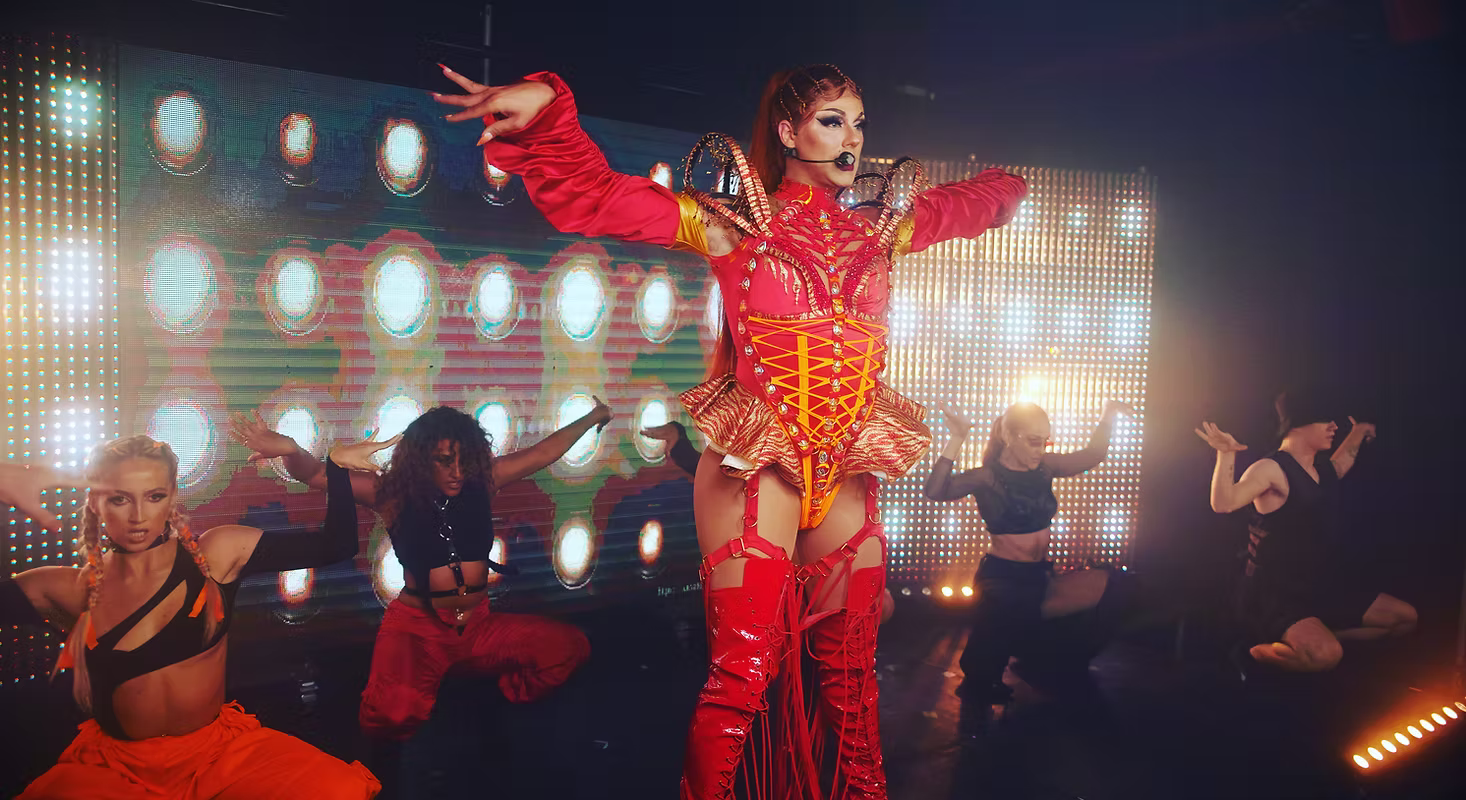 Professional drag queen host performing for a hen party with The Drag Academy