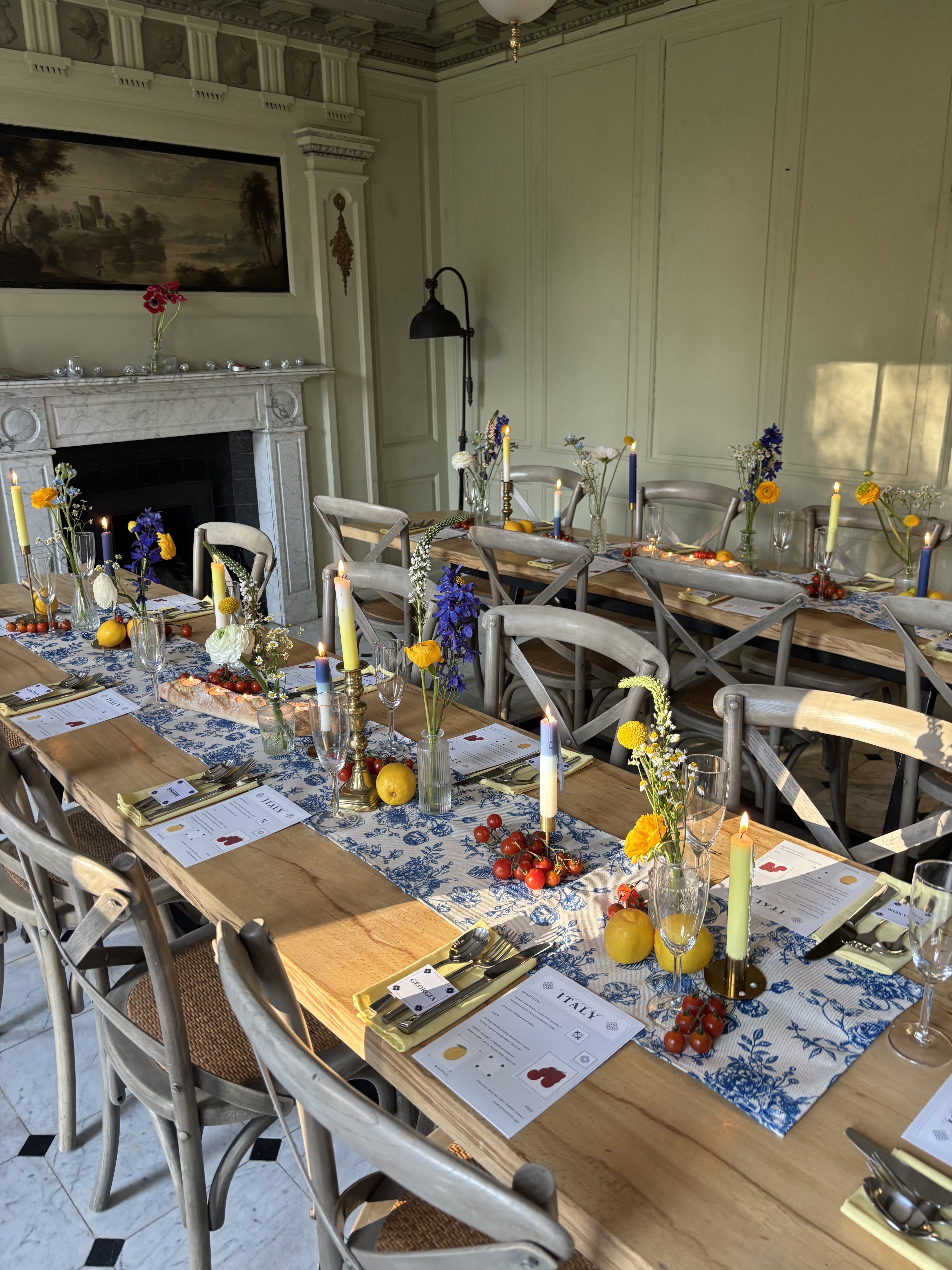 A colourful hen party dinner table styled for the bride
